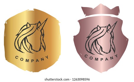 Rose Gold Logo Design of Magical Unicorn Horse with Horn. Vector, Illustration, Hand Drawn and Doodle. EPS10