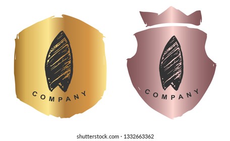 Rose Gold Logo Design of Surfboard. Vector, Illustration, Hand Drawn and Doodle. EPS10