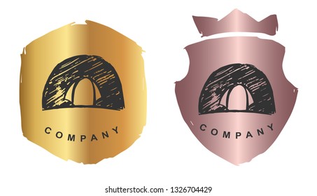 Rose Gold Logo Design of Tent for Camping. Vector, Illustration, Hand Drawn and Doodle. EPS10