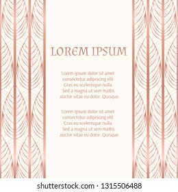 Rose gold luxury background royal pattern vector. Vintage wedding invitation. Feather design for bridal party, beauty spa salon flyer, anniversary, save the date cards, holiday template.