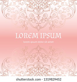 Rose gold luxury background royal pattern vector. Vintage wedding invitation. Floral design for bridal party, beauty spa salon flyer, anniversary, save the date cards, holiday template.