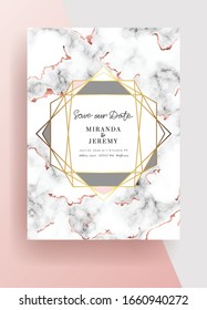 Rose gold marble modern wedding invitation.Geometric shape frame.Luxury vector.Perfect for design brochure, flyer, cover, poster, card, logo, business identity style.