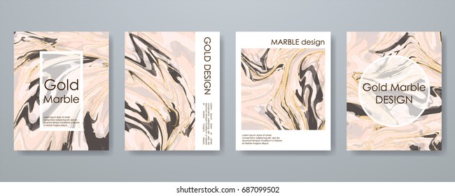 Rose Gold marble template set, artistic covers design, colorful texture, realistic fluid backgrounds. Trendy pattern, graphic poster, watercolor geometric brochure, cards. Vector illustration.