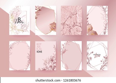 Rose gold marble texture card. Floral, lilies, roses bouquet wedding invitation design. Geometric frame. Grunge texture. Brochure, cover template.