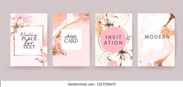Rose gold marble texture card. Floral, lilies decorative bouquet with palm leaves. Wedding invitation design. Grunge texture. Brochure, cover template. Rose gold marble texture card. Floral, lilies decorative bouquet with palm leaves. Wedding invitation design. Grunge texture. Brochure, cover template.