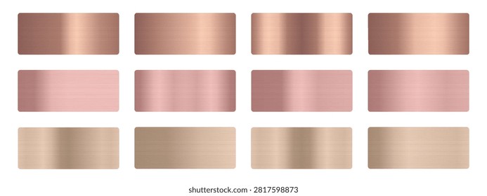 Rose gold metal gradient swatch set. Brushed copper, pink, champagne, beige foil shades. Glossy horizontal bands, light reflection. For label, ribbon, frame, banner. Vector metallic texture palette.