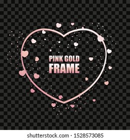 Rose gold metal realistic frame in the shape of a heart for text banner, card. Wedding invitation, birthday and celebration. Vector shiny sparkles isolated object. Valentine's Day.