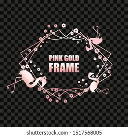 Rose gold metal realistic rectangular frame for text banner, card. Wedding invitation, birthday and celebration. Vector isolated object with shiny flamingos and sparkles. Botanical exotic border