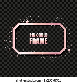Rose gold metal realistic rectangular frame for text banner, card. Wedding invitation, birthday and celebration. Vector isolated object on a black background with shiny sparkles. Luxury illustration