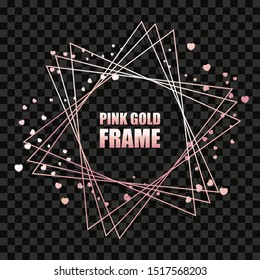 Rose gold metal realistic triangular round frame for text banner, card. Wedding invitation, birthday and celebration. Vector isolated object on a dark background with shiny hearts and glitter.