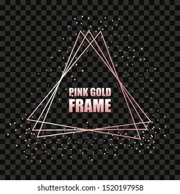 Rose gold metal realistic triangular frame for text banner, card. Wedding invitation, birthday and celebration. Vector isolated object on a black background with shiny sparkles. Luxury illustration