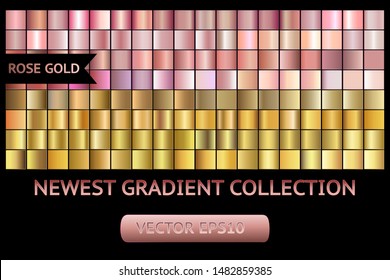 Rose gold metal scratched chrome foil texture vector icon background set for banner, ribbon, label. Golden grunge shiny gradient design collection. Elegant light effect pattern template