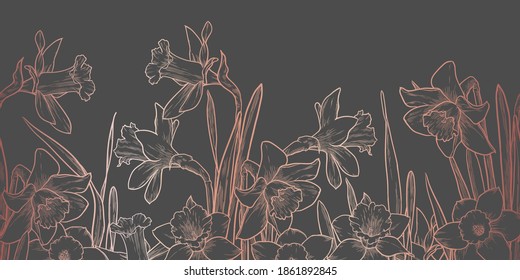 Rose gold metallic floral seamless border on dark grey background. Hand drawn daffodils vector illustration.