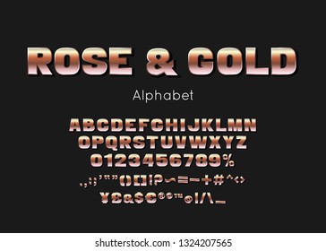 Rose Gold Metallic Font And Alphabet. Vector Luxury Premium Letters And Numbers