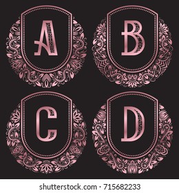 Rose gold monograms set in antique style. Vintage logos with A, B, C, D letters.