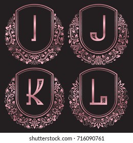Rose gold monograms set in antique style. Vintage logos with I, J, K, L letters.