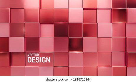 Rose gold mosaic background. Random cubes backdrop. Vector geometric illustration. Glossy square shapes. Architectural abstraction. Interior concept. Business or corporate decoration