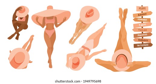 Rose gold Multiracial women of different height, diverse skin colour, figure type and size dressed in swimsuits wearing sun hats. Big set. Relaxed poses. Female. Body positive beauty diversity