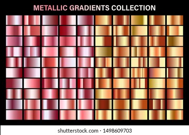 Rose gold and orange, bronze glossy gradient, metal foil texture. Color swatch set. Collection of high quality vector gradients. Shiny metallic background. Design element.