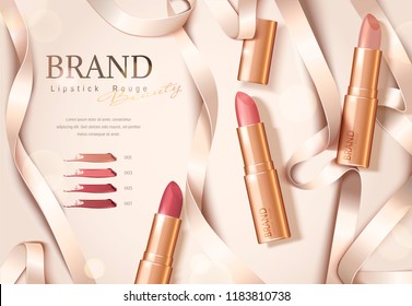 Rose gold package lipstick ads with ribbons in flat lay, 3d illustration