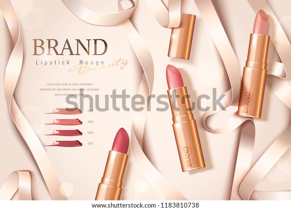 Rose gold package lipstick ads with ribbons\
in flat lay, 3d\
illustration