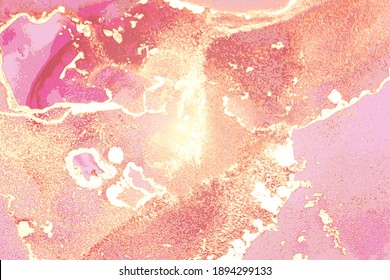 Rose and gold pattern with texture of geode and sparkles. Abstract vector background in alcohol ink technique. Modern paint with glitter. Template for banner, poster design. Fluid art painting