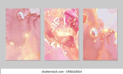 Rose and gold pattern with texture of geode and sparkles. Abstract vector background in alcohol ink technique. Modern paint with glitter. Set of templates for banner, poster design. Fluid art