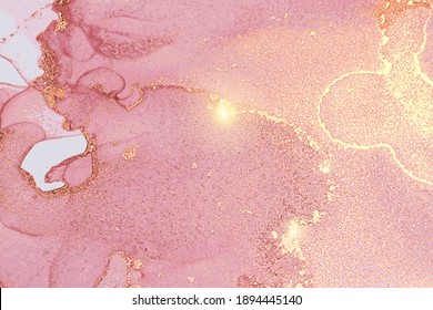 Rose and gold pattern with texture of marble and sparkles. Abstract vector background in alcohol ink technique. Modern paint with glitter. Template for banner, poster design. Fluid art painting