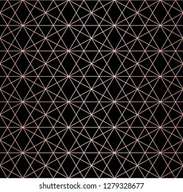 Rose gold pattern. Vector geometric lines seamless texture. Pink and black ornament with delicate linear grid, lattice, net, hexagons, triangles. Metallic copper lines. Abstract repeated background