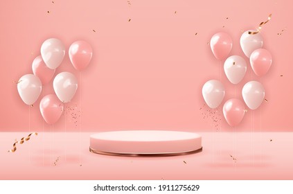 Rose gold  pedestal over pink pastel natural background with party balloons. Trendy empty podium display for cosmetic product presentation, fashion magazine. Copy space vector illustratio
