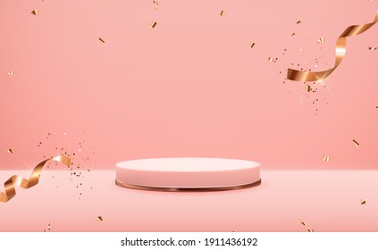 Rose gold pedestal over pink pastel natural background with golden confetti ribbon. Trendy empty podium display for cosmetic product presentation, fashion magazine. Copy space vector illustration