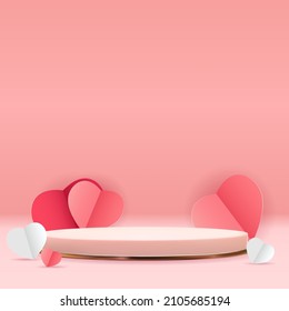 Rose gold pedestal over pink pastel natural background with red Heart. Trendy empty podium display for cosmetic product presentation, fashion magazine. Copy space vector illustration