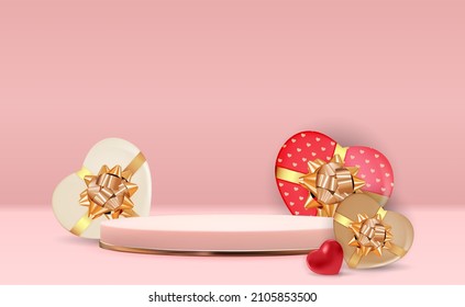 Rose gold pedestal over pink pastel natural background with red Heart. Trendy empty podium display for cosmetic product presentation, fashion magazine. Copy space vector illustration