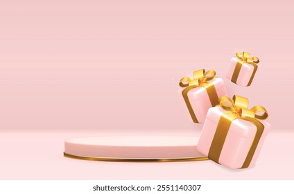 Pedestal de ouro rosa sobre fundo natural pastel rosa com caixa de presente 3D. Exibição de pódio vazio moderno para apresentação de produtos cosméticos, revista de moda. Copiar ilustração de vetor de espaço