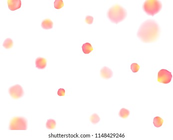 Rose gold petals flying cosmetics vector background. Light showering flower blooming parts vector. Pink gold petals falling invitation background. Anniversary or natural cosmetics design.