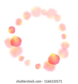 Rose gold petals flying cosmetics vector background. Magic showering flower blooming parts vector. Pink gold petals falling invitation background. Birthday or natural cosmetics design.