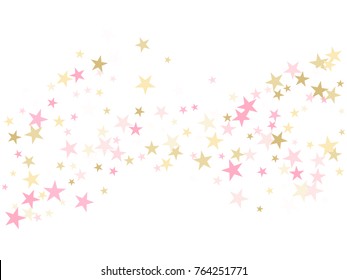 Rose gold, pink flying stars confetti magic christmas vector, premium sparkles stardust background pattern. Holiday party decor in rose color and gold, Christmas stars vector, flying confetti sparkles