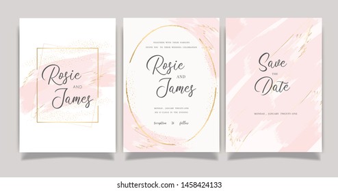 Rose gold and pink Wedding invitation, RSVP, thank you cards. Vector elegant rustic template. Swirls of marble or the ripples of agate. Liquid marble texture and Golden metallic. Fluid art. 