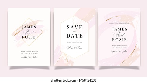 Rose gold and pink Wedding invitation, RSVP, thank you cards. Vector elegant rustic template. Swirls of marble or the ripples of agate. Liquid marble texture and Golden metallic. Fluid art. 