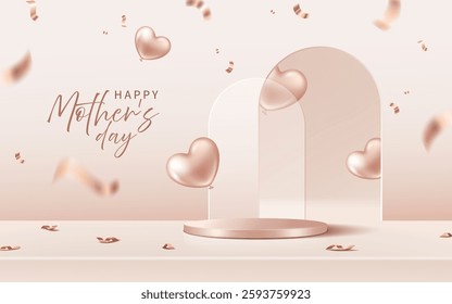 A rose gold platform with heart-shaped balloons and confetti for Easter.