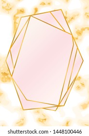 Rose and gold polygon card on marble background. Wedding invitation design. Geometric frame. Brochure, cover template. Vector