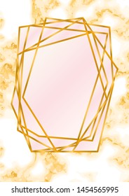 Rose and gold polygon card on marble background. Wedding invitation design. Geometric frame. Brochure, cover template. Vector