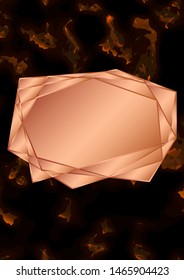 Rose gold polygon card on marble background. Wedding invitation design. Geometric frame. Brochure, cover template. Vector