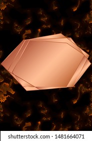 Rose gold polygon card on marble background. Wedding invitation design. Geometric frame. Brochure, cover template. Vector