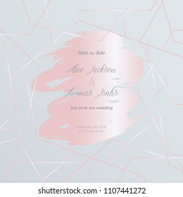 Rose gold polygonal background with grunge brush stroke. Design template for invitation, greeting card, print, poster. Vector illustration