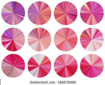 Juego de vectores de elementos de la etiqueta del gradiente metálico radial de oro rosa. Formas de medallas brillantes aisladas. Fondo de textura de gradiente de metal dorado rosado del botón. Diseño de material de fondo de iconos.