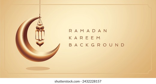 rose gold ramadan kareem greeting card vector. 3d vector modern Islamic holiday banner, Ramadan Kareem means Ramadan the Generous Month. hanging lantern and crescent moon decor illustration