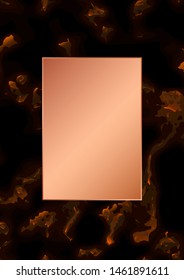 Rose gold rectangle card on marble background. Wedding invitation design. Geometric frame. Brochure, cover template. Vector