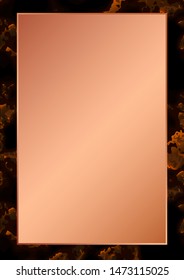 Rose gold rectangle card on marble background. Wedding invitation design. Geometric frame. Brochure, cover template. Vector