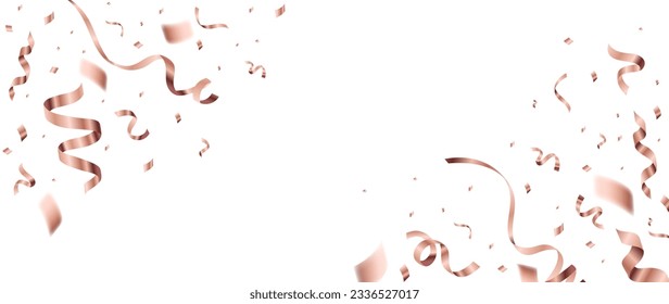 Rose gold ribbon falling from side background vector. Abstract vibrant ribbon and confetti streamers template design. Celebration festival wallpaper design for opening, party, birthday, backdrop.